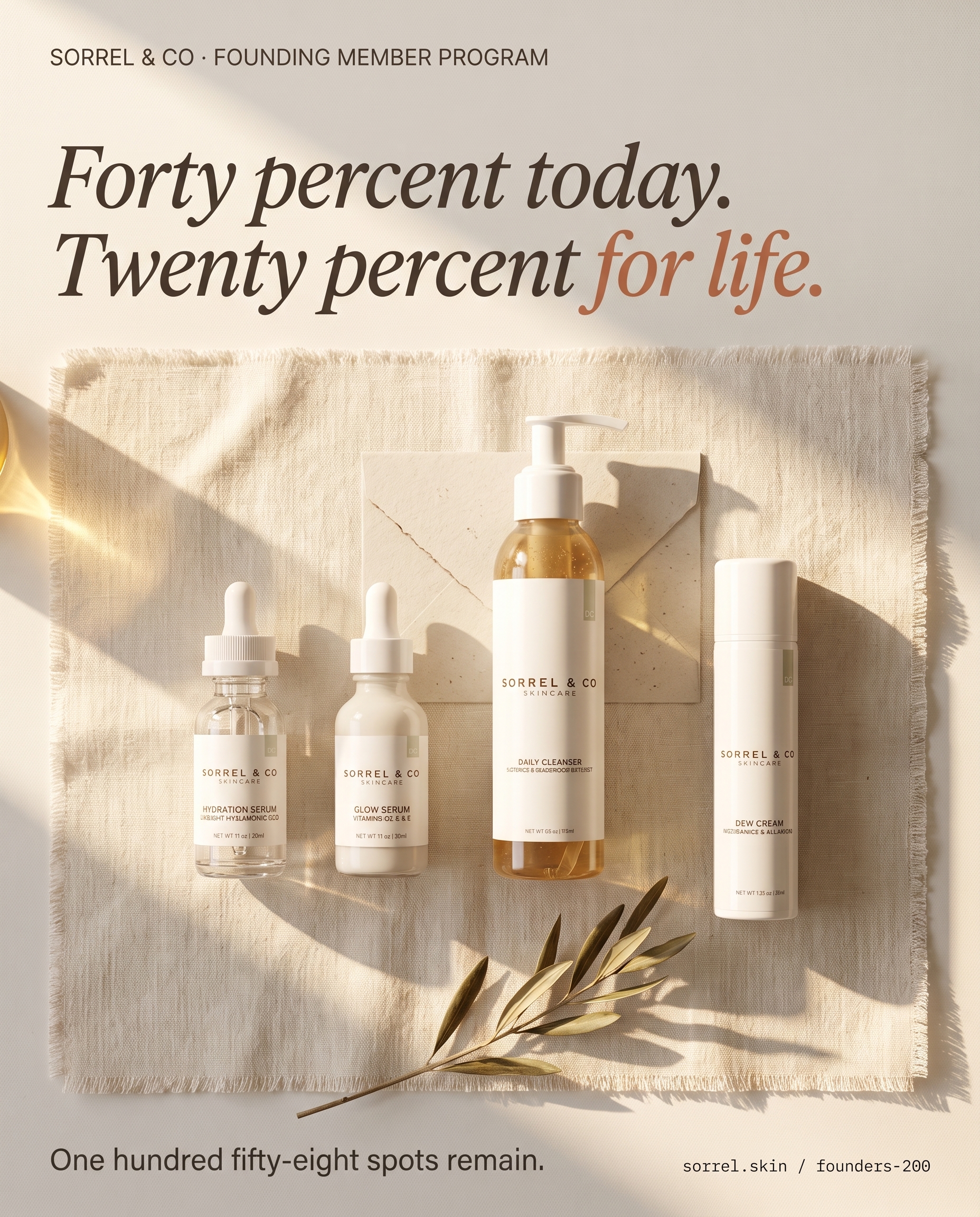 Sorrel & Co concept A3 — AM Routine bundle with copy 'Forty percent today. Twenty percent for life.'