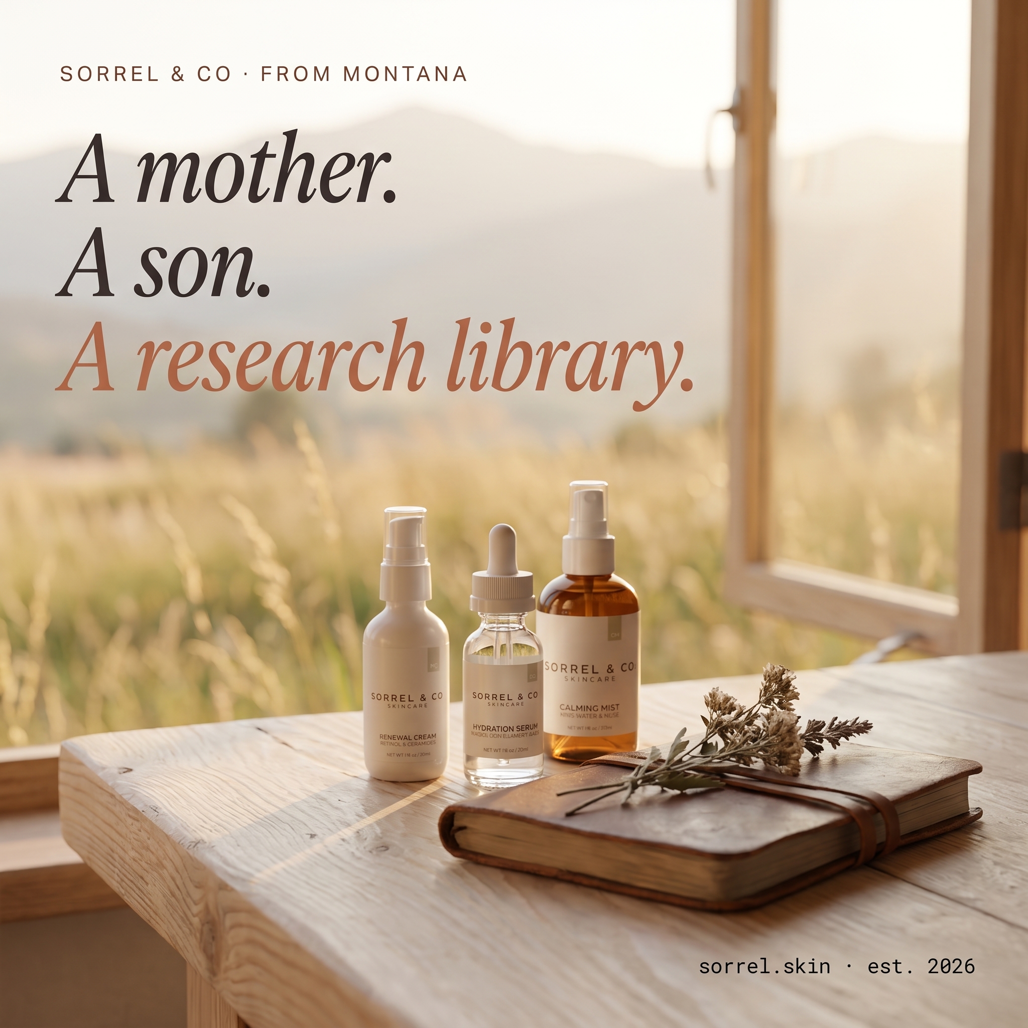 Sorrel & Co concept B2 — Montana morning scene with products on a wood table, mountains and golden meadow through the window. Copy 'A mother. A son. A research library.'
